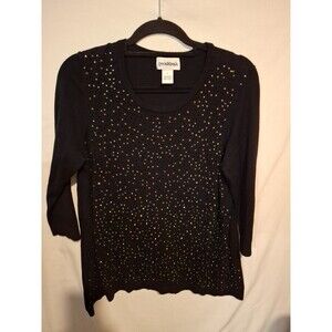 PECK & PECK Women's Black Rhinestone Top Size L 3/4 Sleeve Blouse